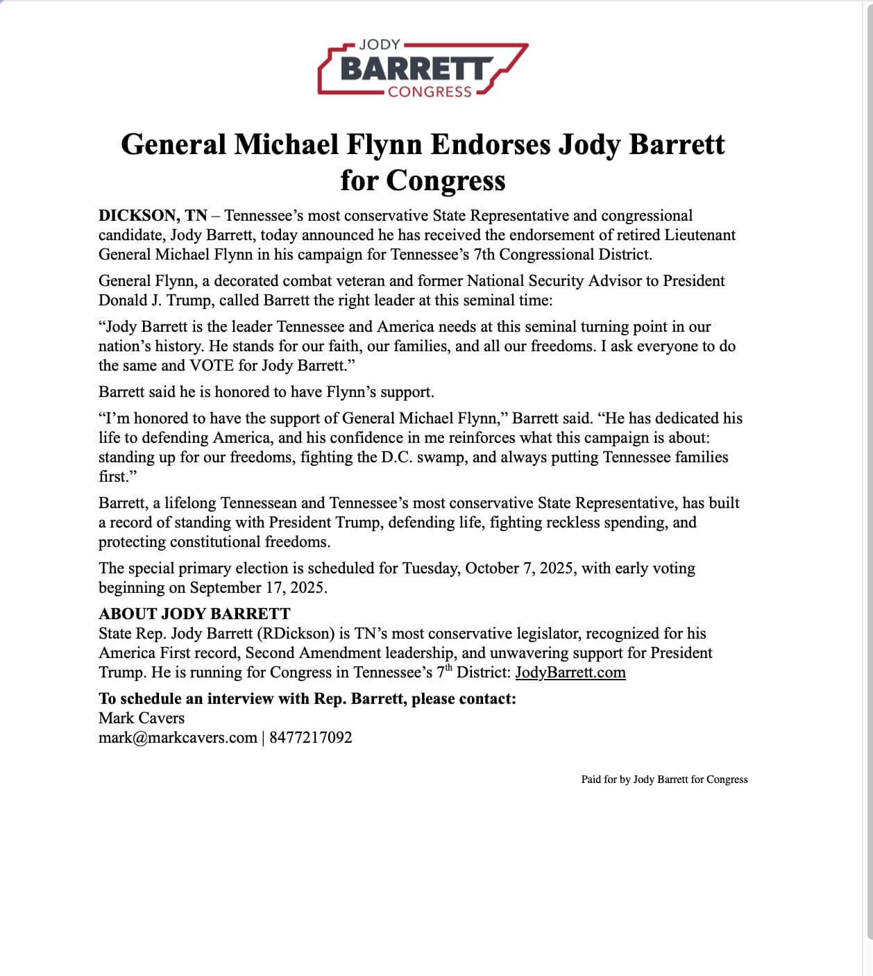 GENERAL MIKE FLYNN ENDORSES JODY BARRETT FOR CONGRESS!
